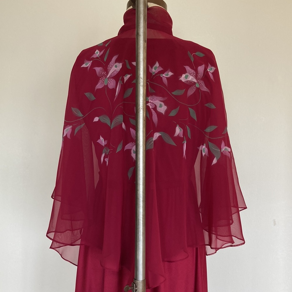 70s 2-piece set, maxi sleeveless dress and sheer floral capelet, burgundy, S - Picture 2 of 16